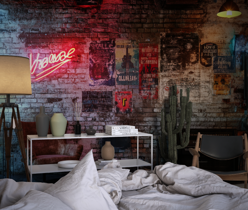 Papier peint brique et musique chambre dado1