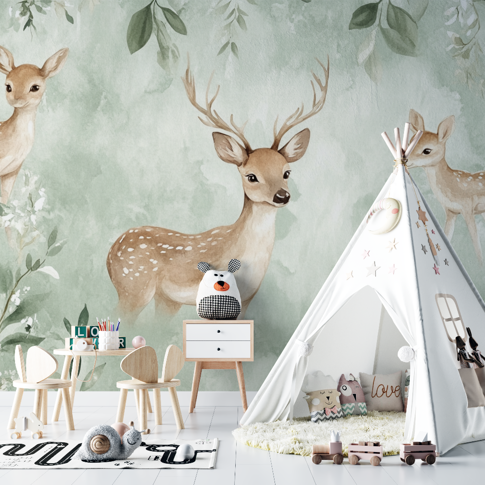 Papier peint vert doux et cerf chambre bebe