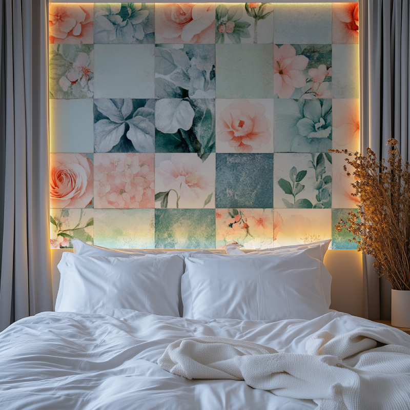 Papier peint fleur carreaux a coller chambre premium