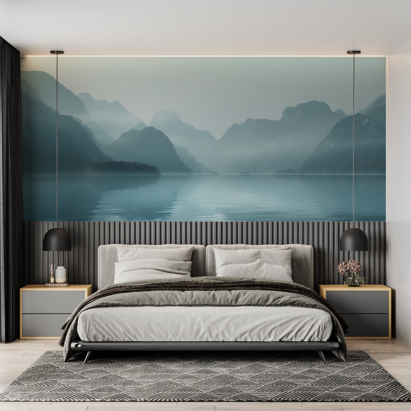 Papier peint sur mesure montagne lac brume mural adulte