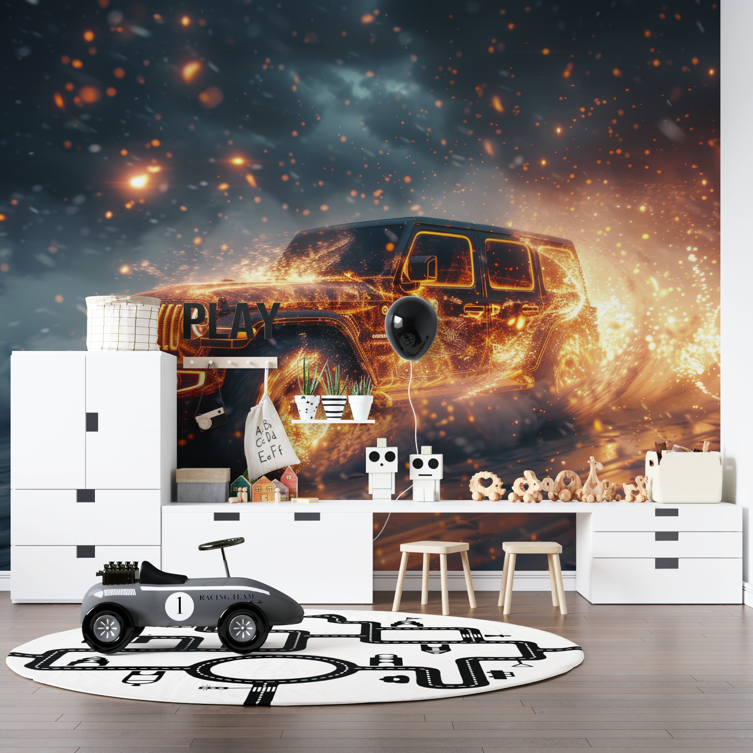 Papier peint voiture en feu pano anime