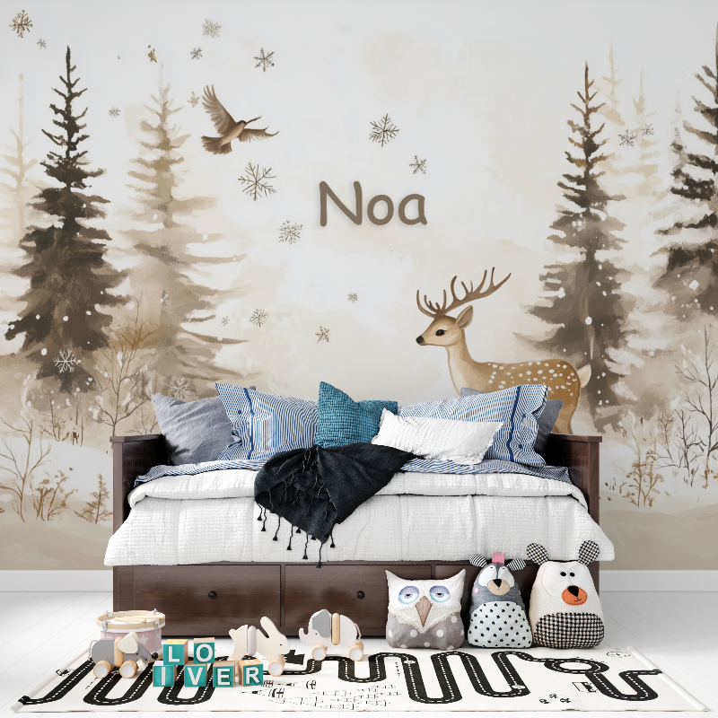 Papier peint prenom cerfs foret panoramique garcon