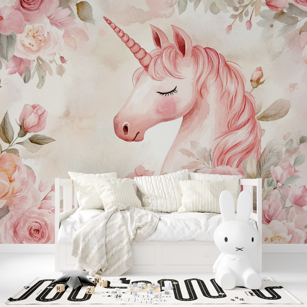 Papier peint licorne rose fleurs roses tapisserie fille