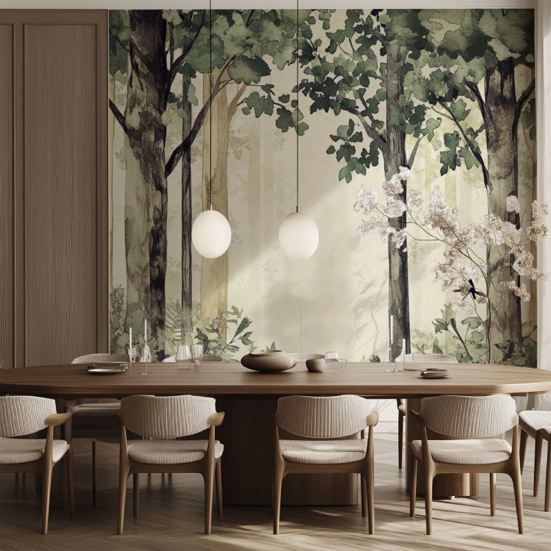 Papier peint arbre hibou salle manger tendance