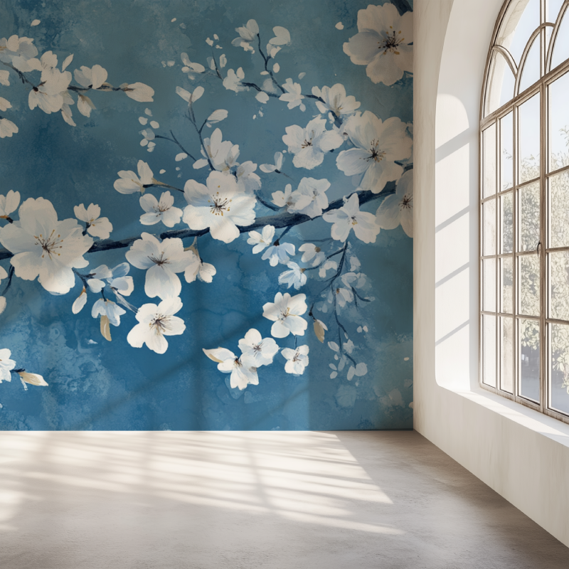 Papier peint fleur bleues de cerisier japonais mur simple