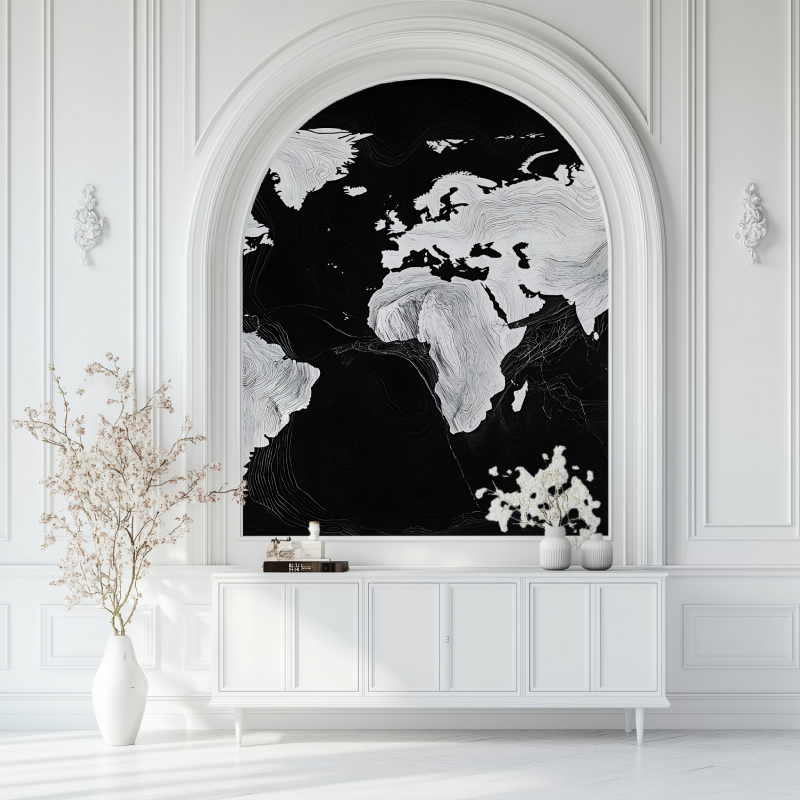 Papier peint carte du monde noir design salon blanc