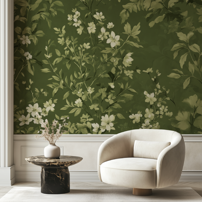 Papier peint vintage floral vert chaise tendance