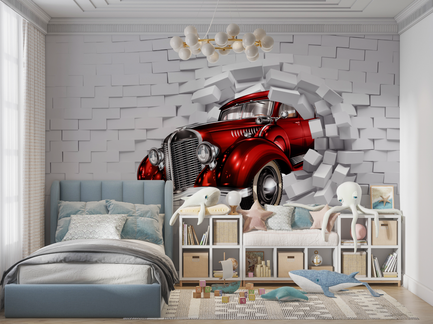 Papier peint garcon voiture trompe loeil panoramique garcon