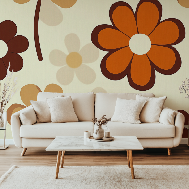 Papier peint fleur marron annee 80 canape simple