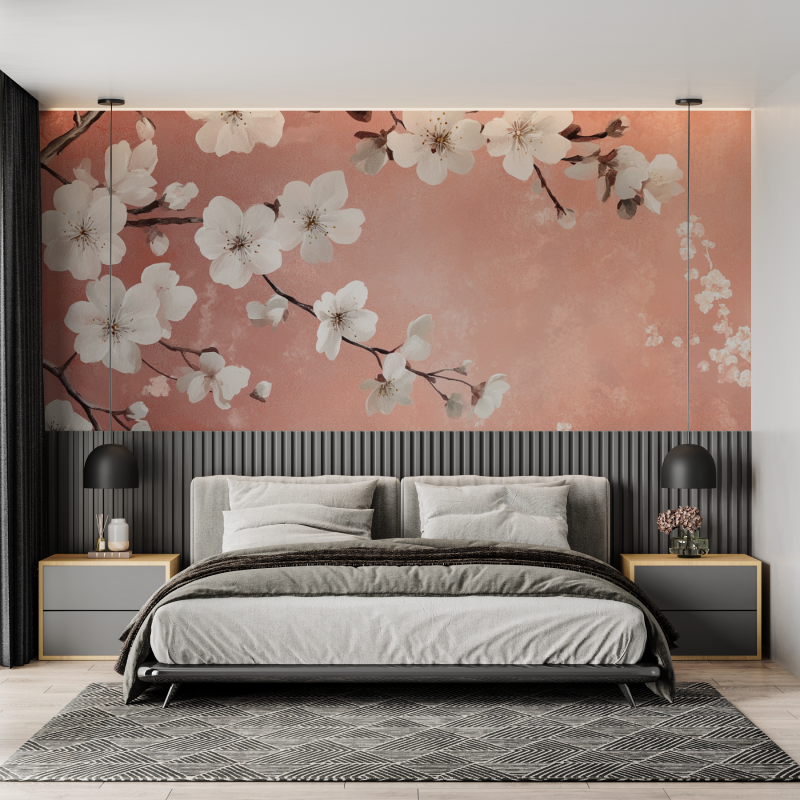 Papier peint terracotta avec fleurs de cerisier mural adulte