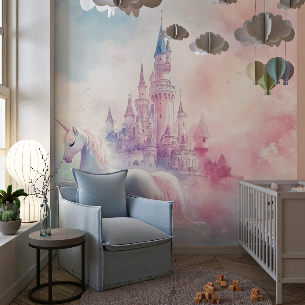 Papier peint decoration licorne...t chateau chambre de fille