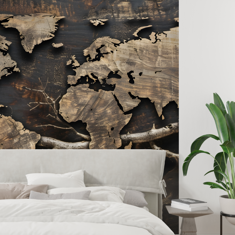 Papier peint carte du monde boi...ranche tapisserie tendance