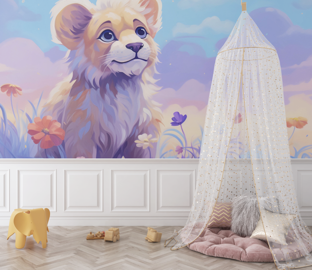 Papier peint lion et nuages pastel bebe