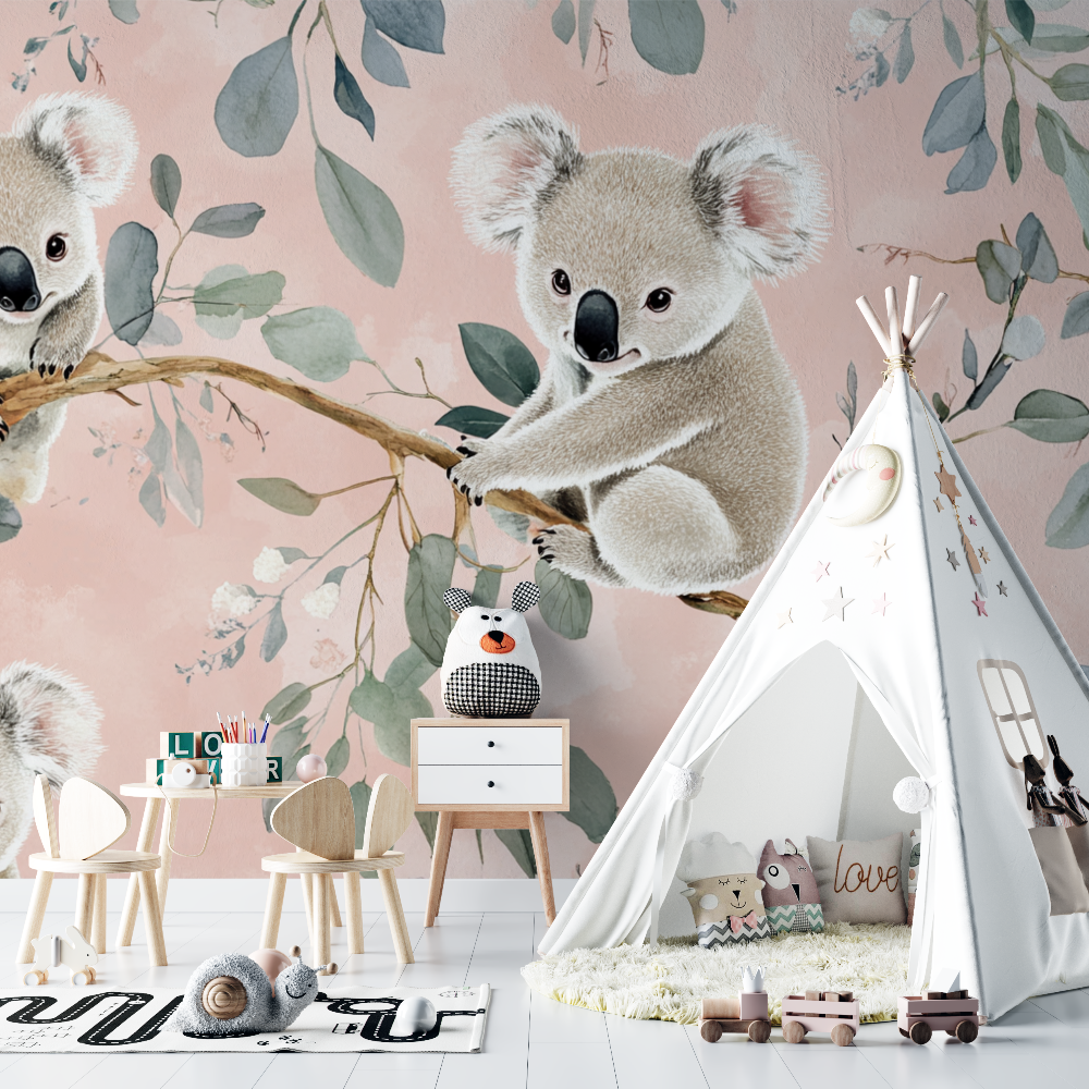 Papier peint koala sur fond rose poudre chambre bebe