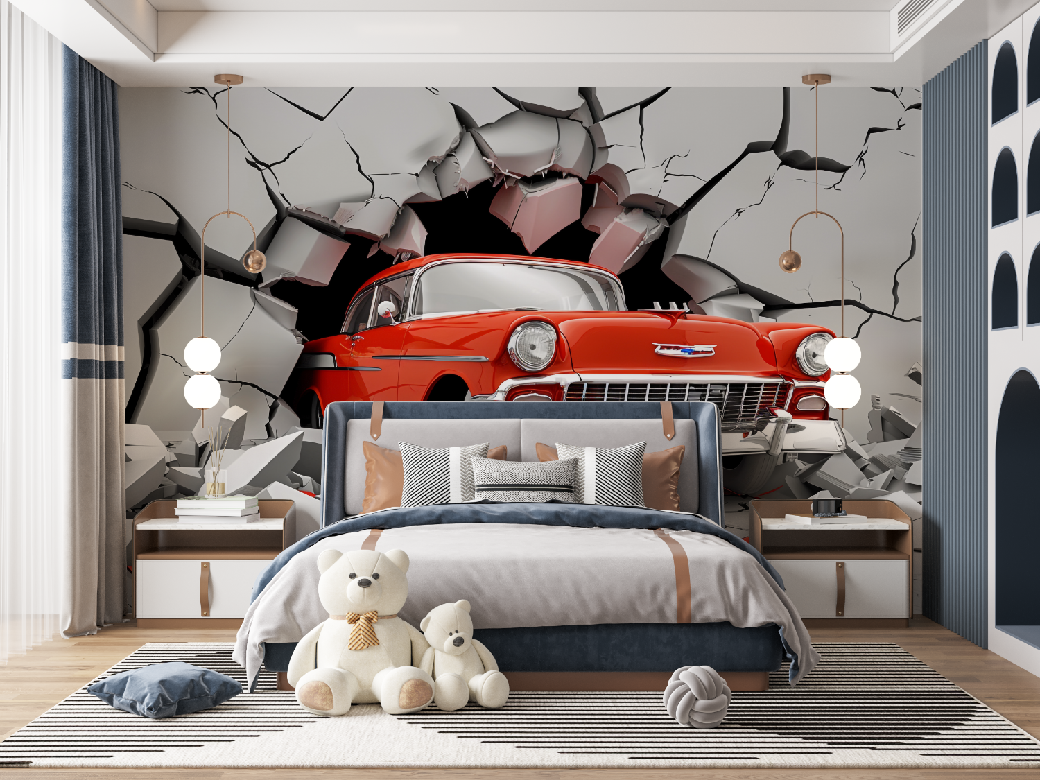 Papier peint trompe loeil voiture rouge mur panoramique