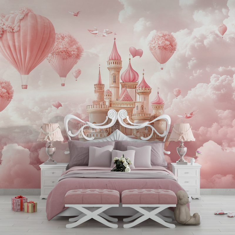 Papier peint princesse montgolfieres chateau chambre filles