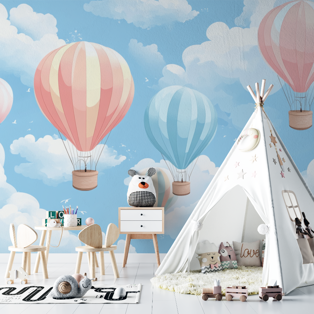Papier peint montgolfiere et ciel rose tendre chambre bebe