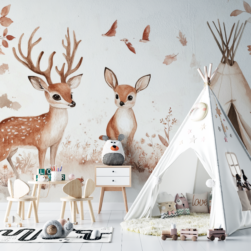 Papier peint foret et tipi bebe chambre bebe