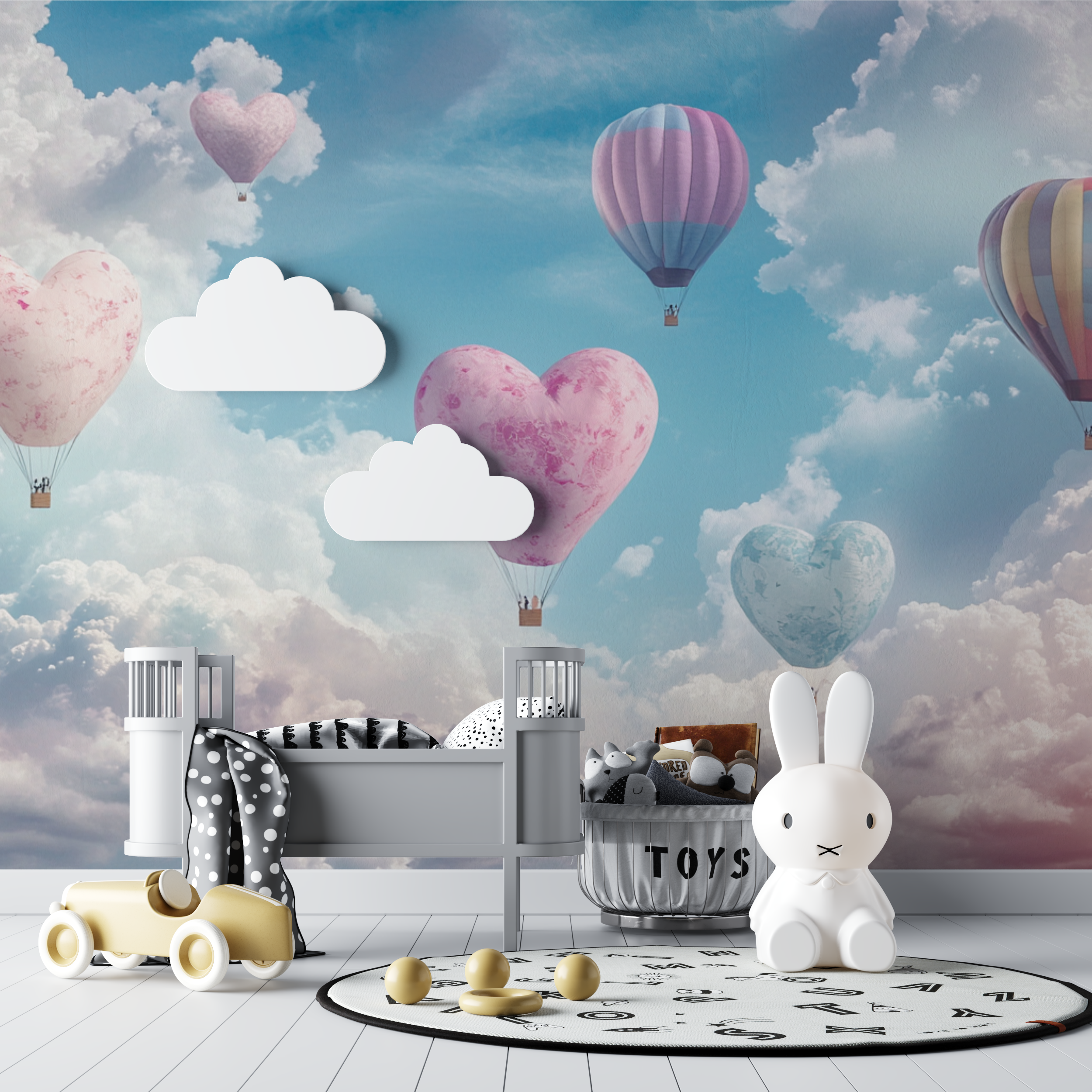 Papier peint montgolfiere et nu... en forme de cur bebe tipi