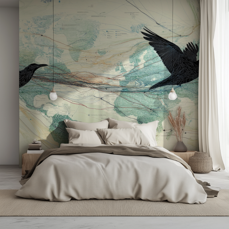 Papier peint carte du monde oiseaux lit 1234