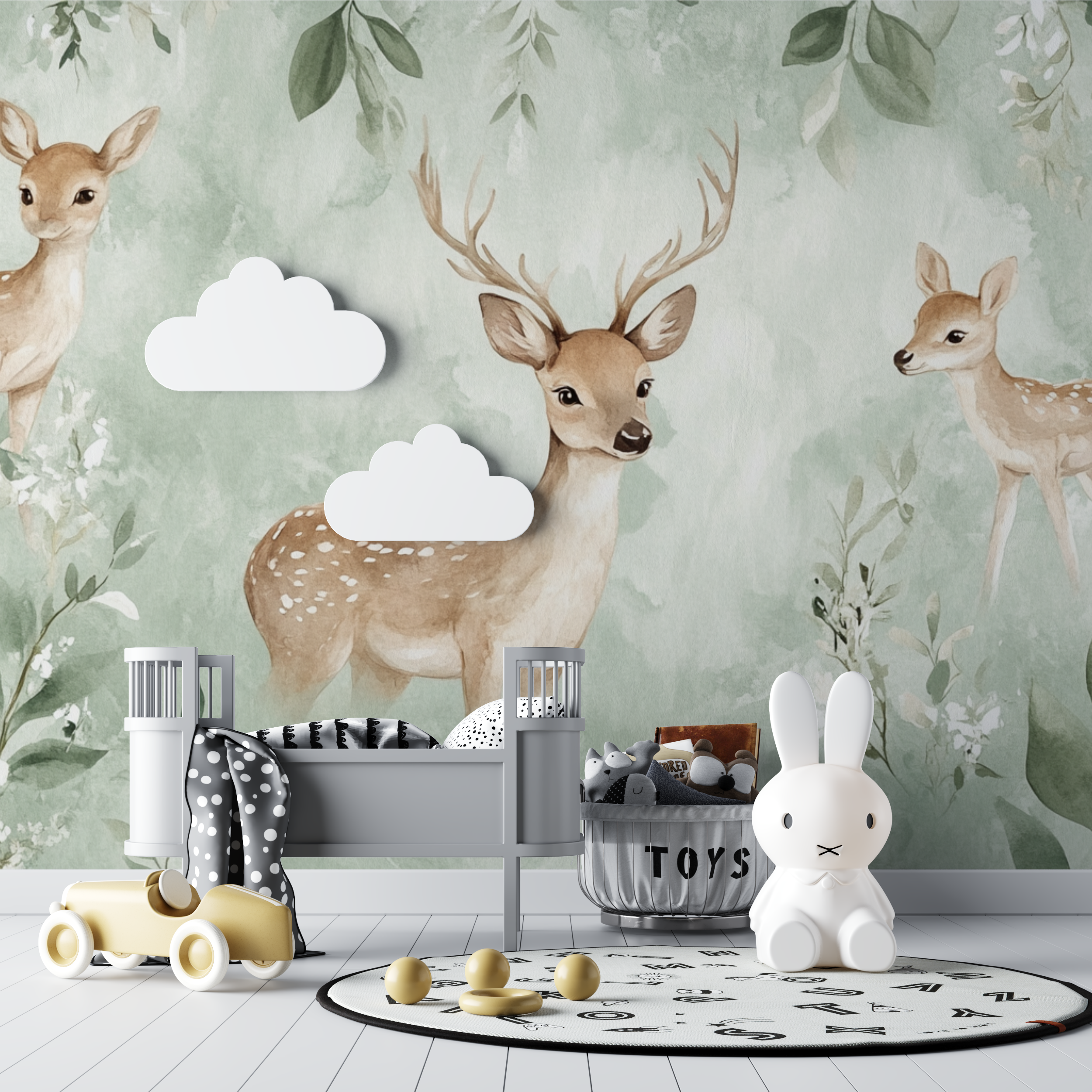 Papier peint vert doux et cerf bebe tipi