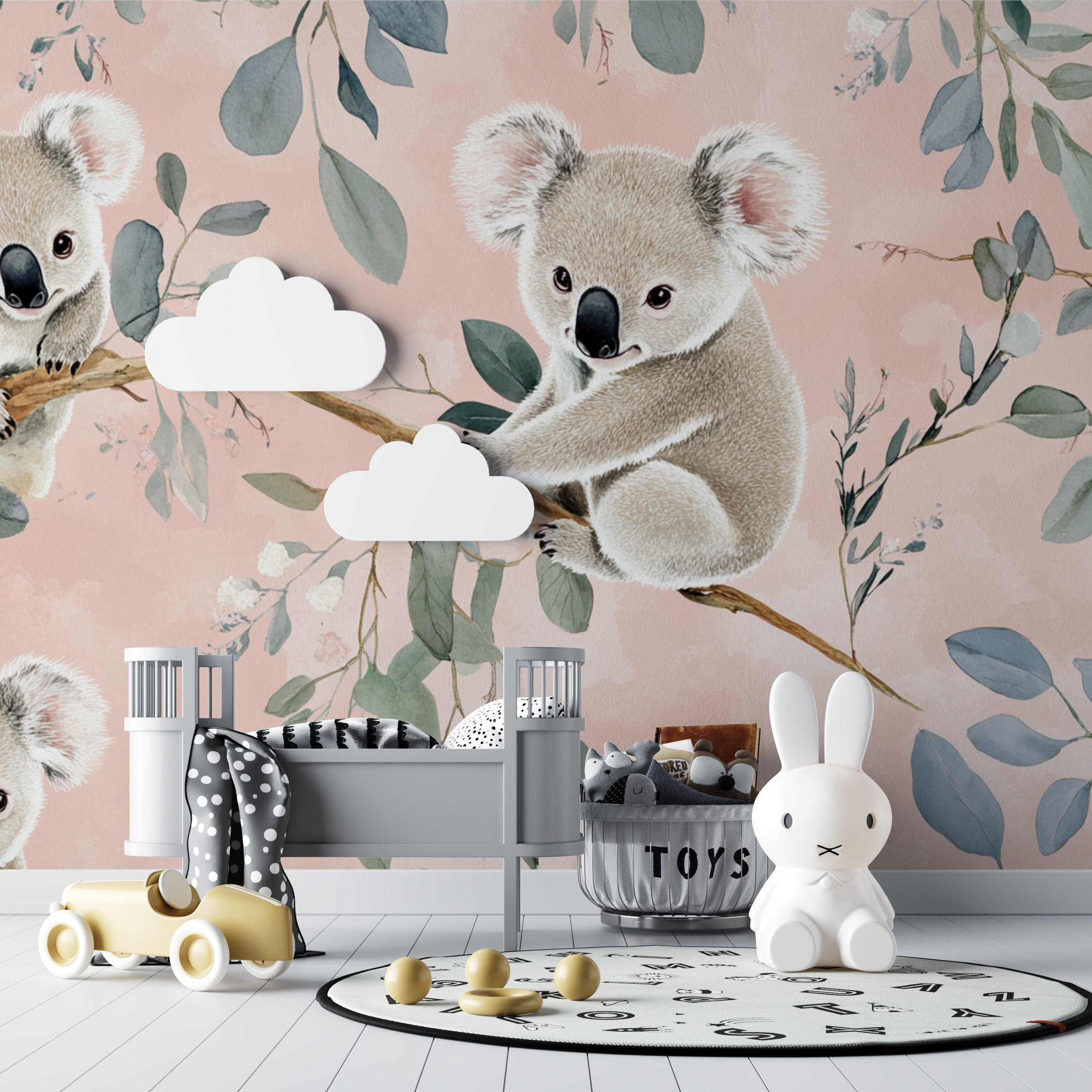 Papier peint koala sur fond rose poudre bebe tipi