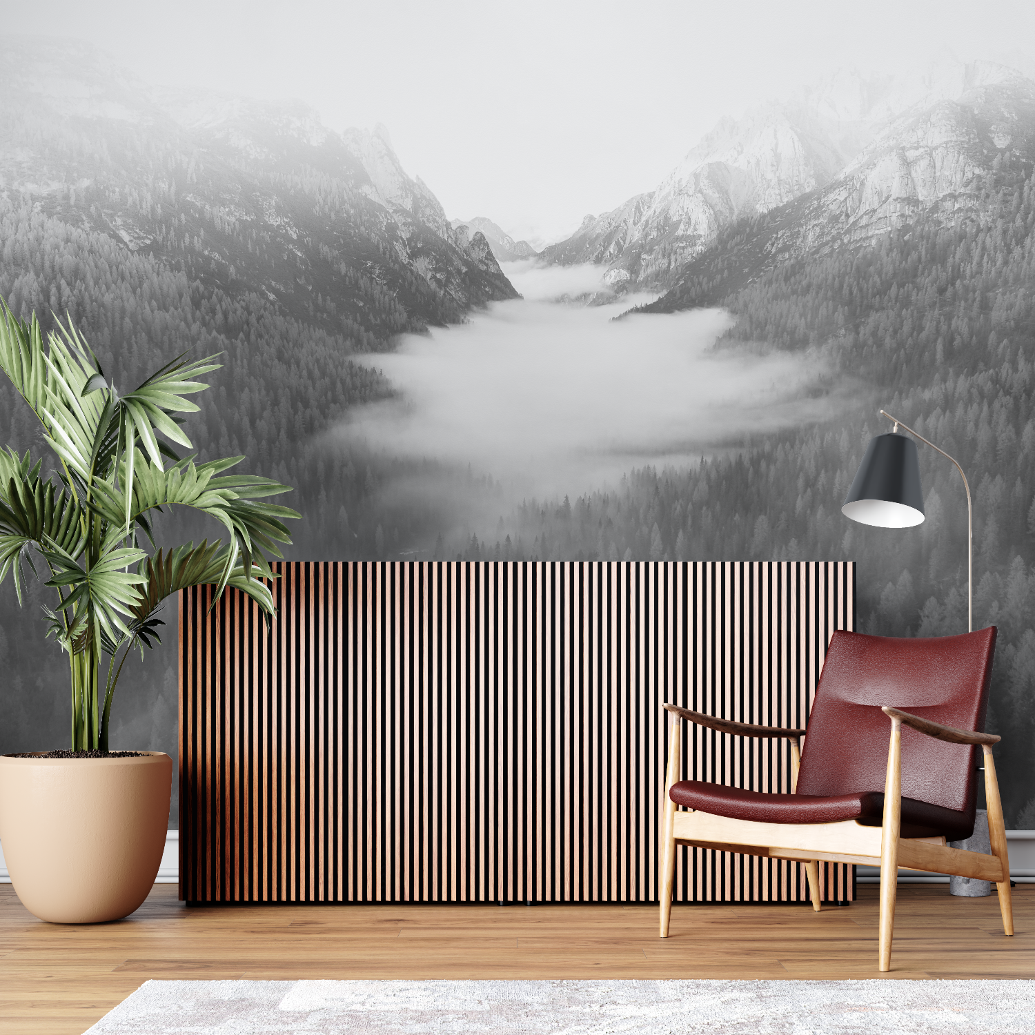 Papier peint aquarelle brume et montagnes sur mesure