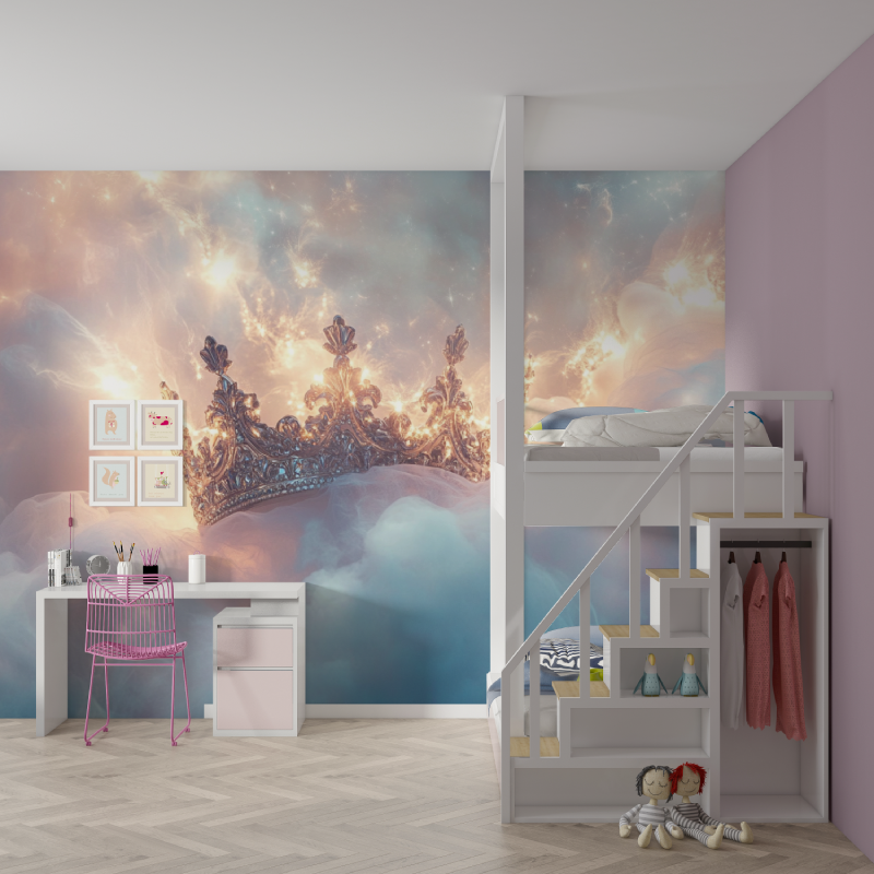 Papier peint couronne et voile mur chambre fille