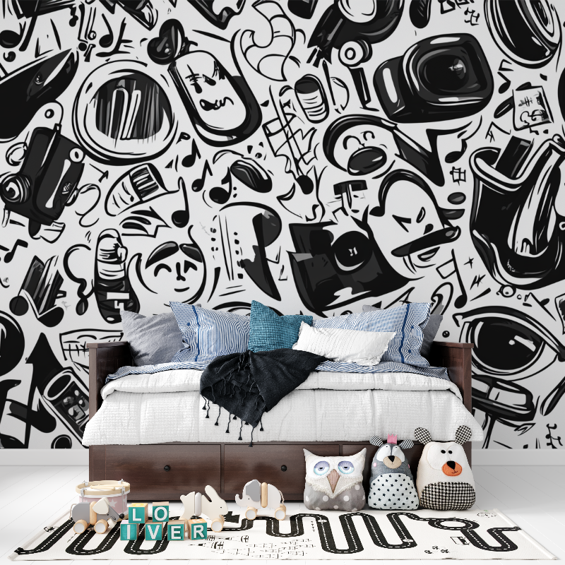 Papier peint musique noir et bl...strait tapisserie pour ado