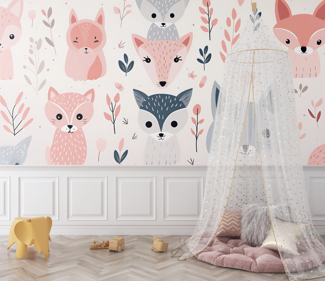 Papier peint bebe renards motifs rose bebe