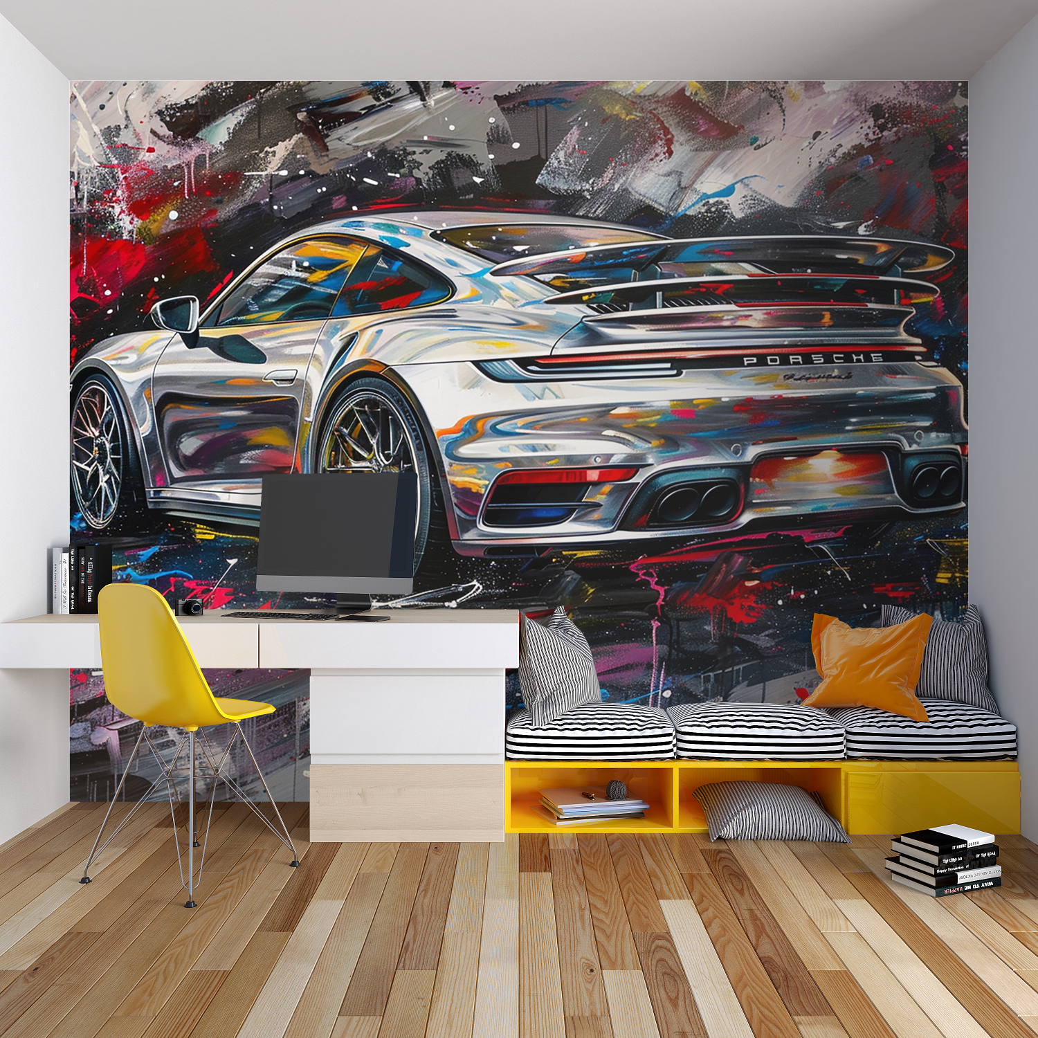 Papier peint voiture porsche chambre garcon lit