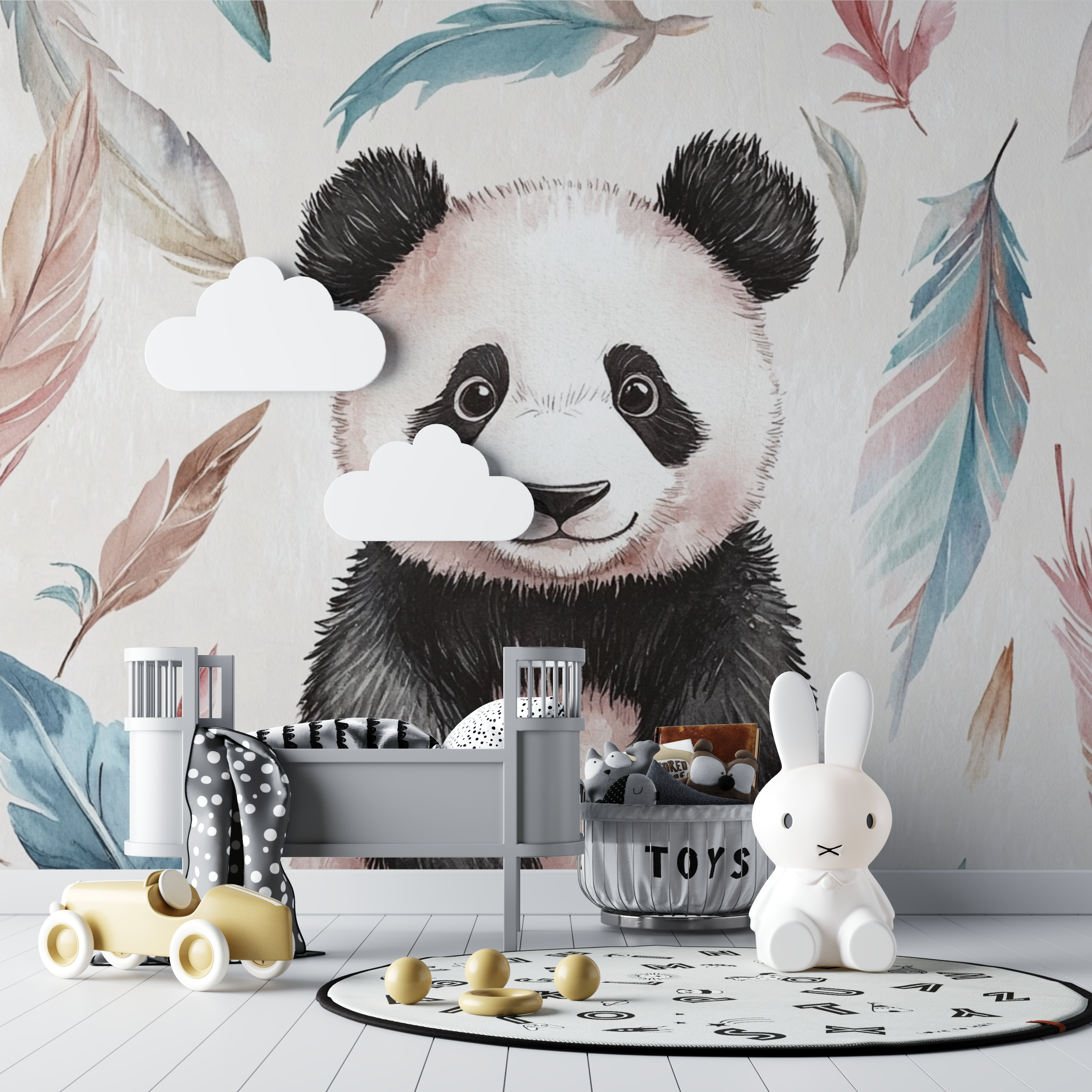 Papier peint panda et plumes bohemes bebe tipi