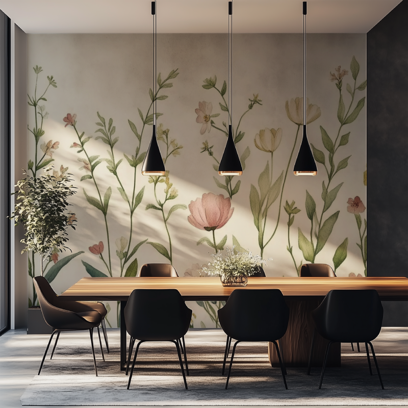 Papier peint fleuri vintage salle manger tapisserie