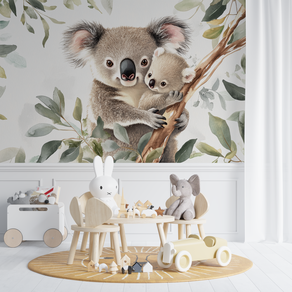 Papier peint koala blotti contre sa maman chambre de bebe