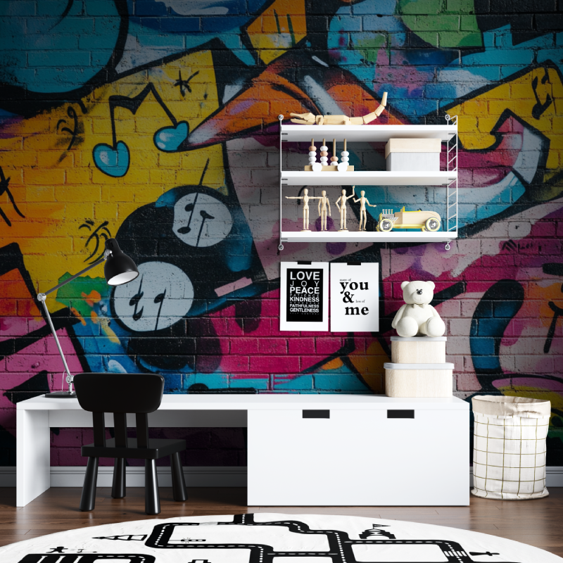 Papier peint brique et tag music tapisserie chambre ados