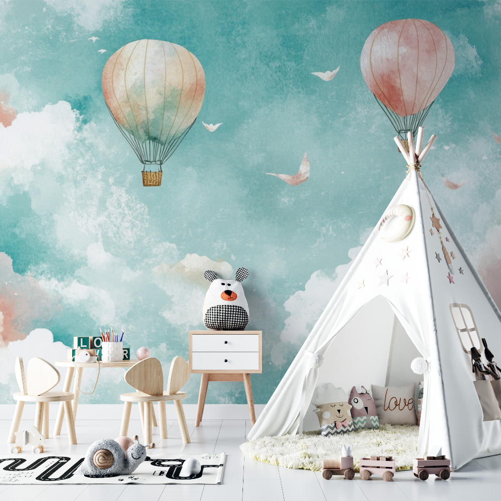 Papier peint montgolfiere et paysages oniriques chambre bebe