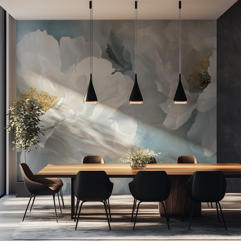 Papier peint fleur blanche sur ...de salle manger tapisserie