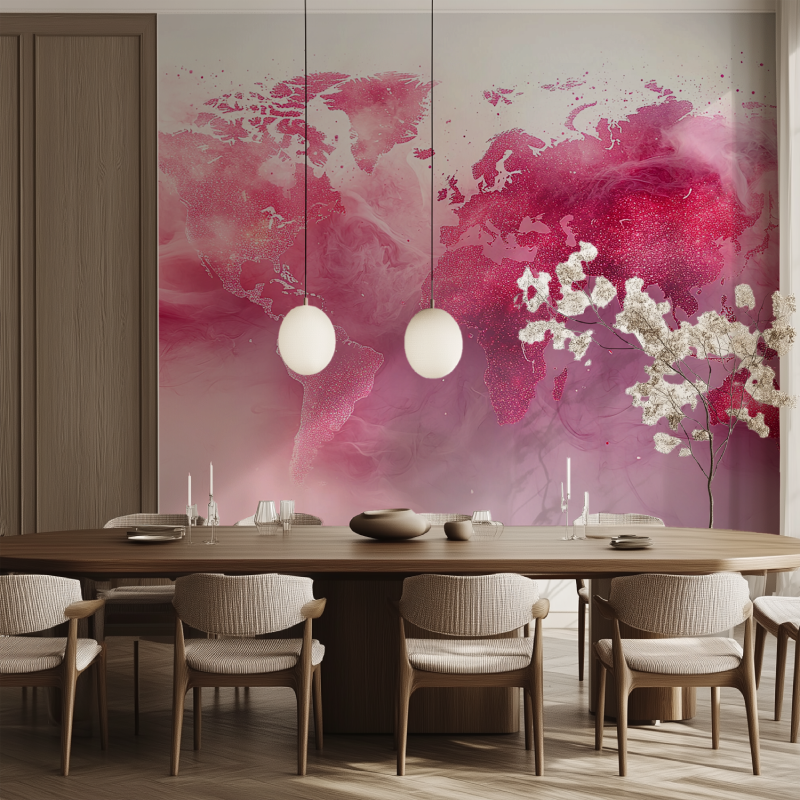 Papier peint carte du monde rose salle manger tendance