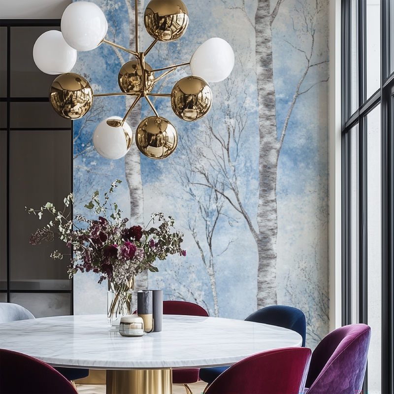 Papier peint arbre neige salon chaise