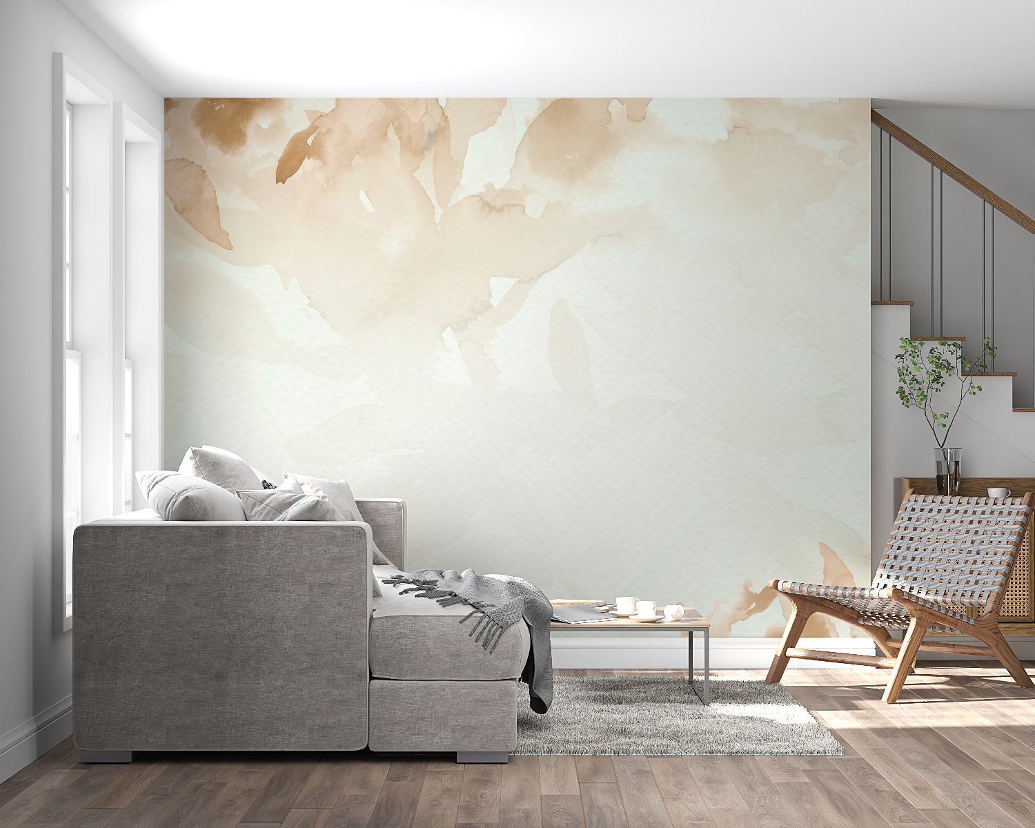 Papier peint aquarelle feuilles beiges panoramique mural