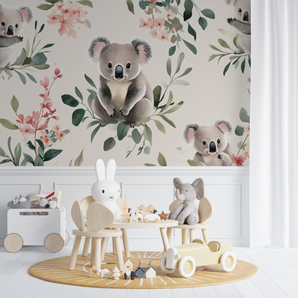 Papier peint koala et ruban de soie chambre de bebe