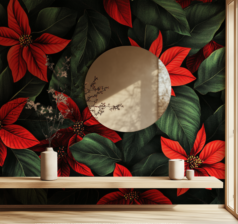Papier peint fleur rouge miroir