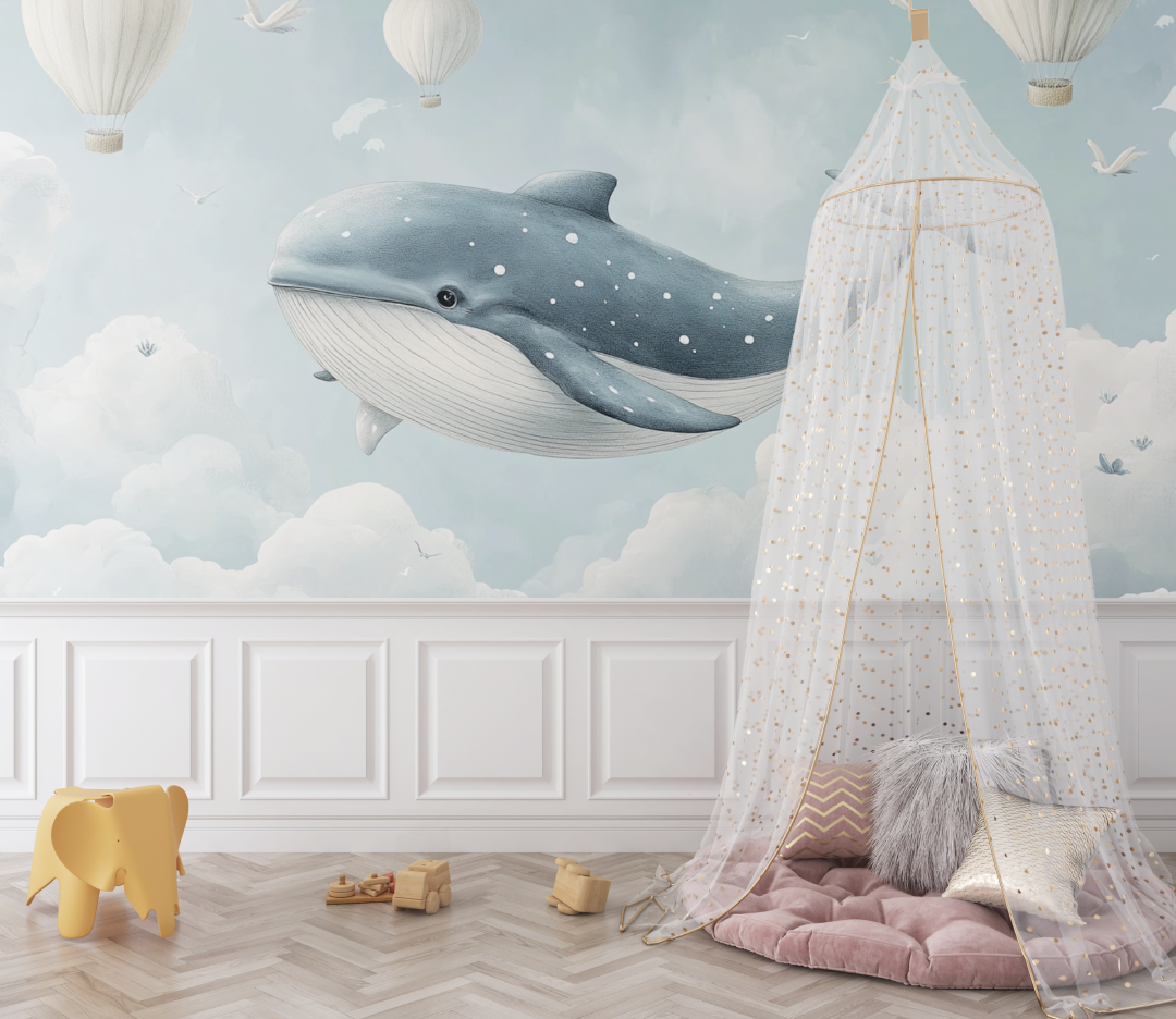 Papier peint marin baleine grise nuage bebe