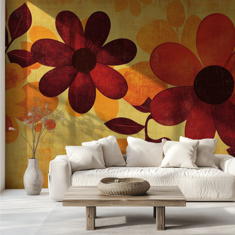 Papier peint vintage fleurs orange marron canape tendance