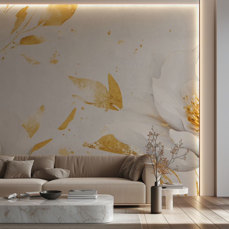 Papier peint fleur blanc et or canape neon