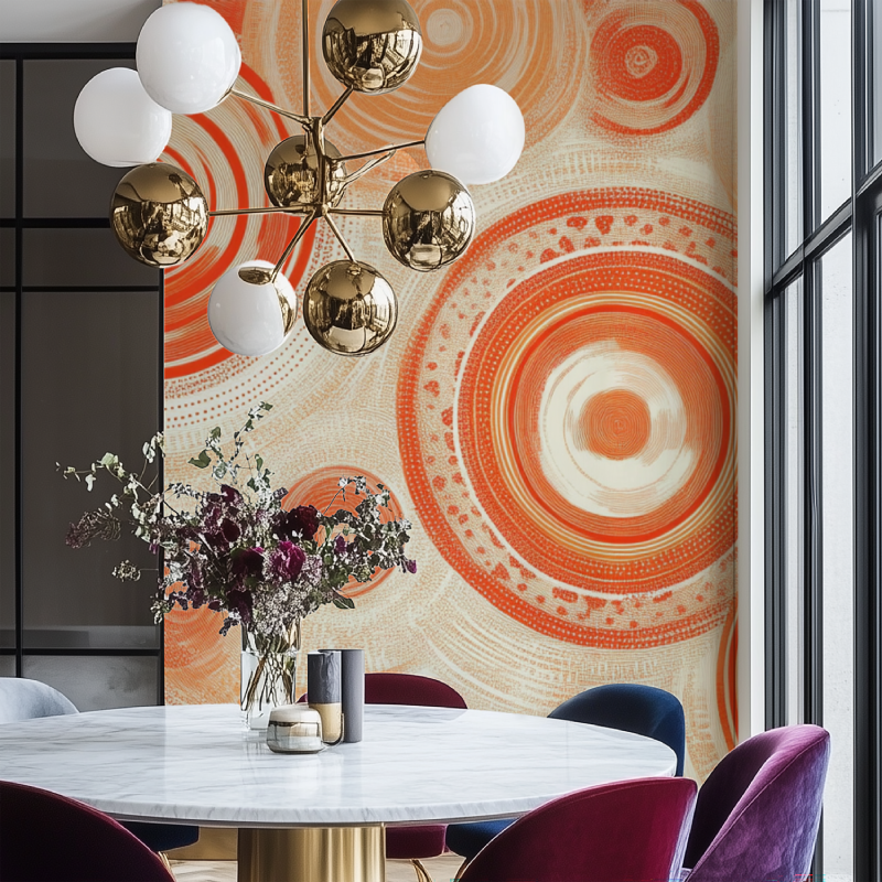 Papier peint vintage orange psychedelique salon chaise