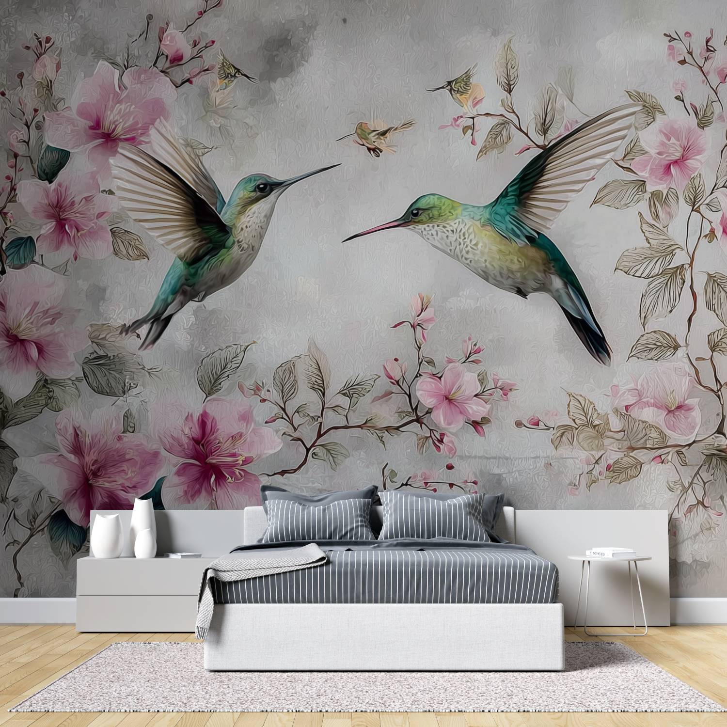 Vintage birds and flowers mural wallpaper tete de lit