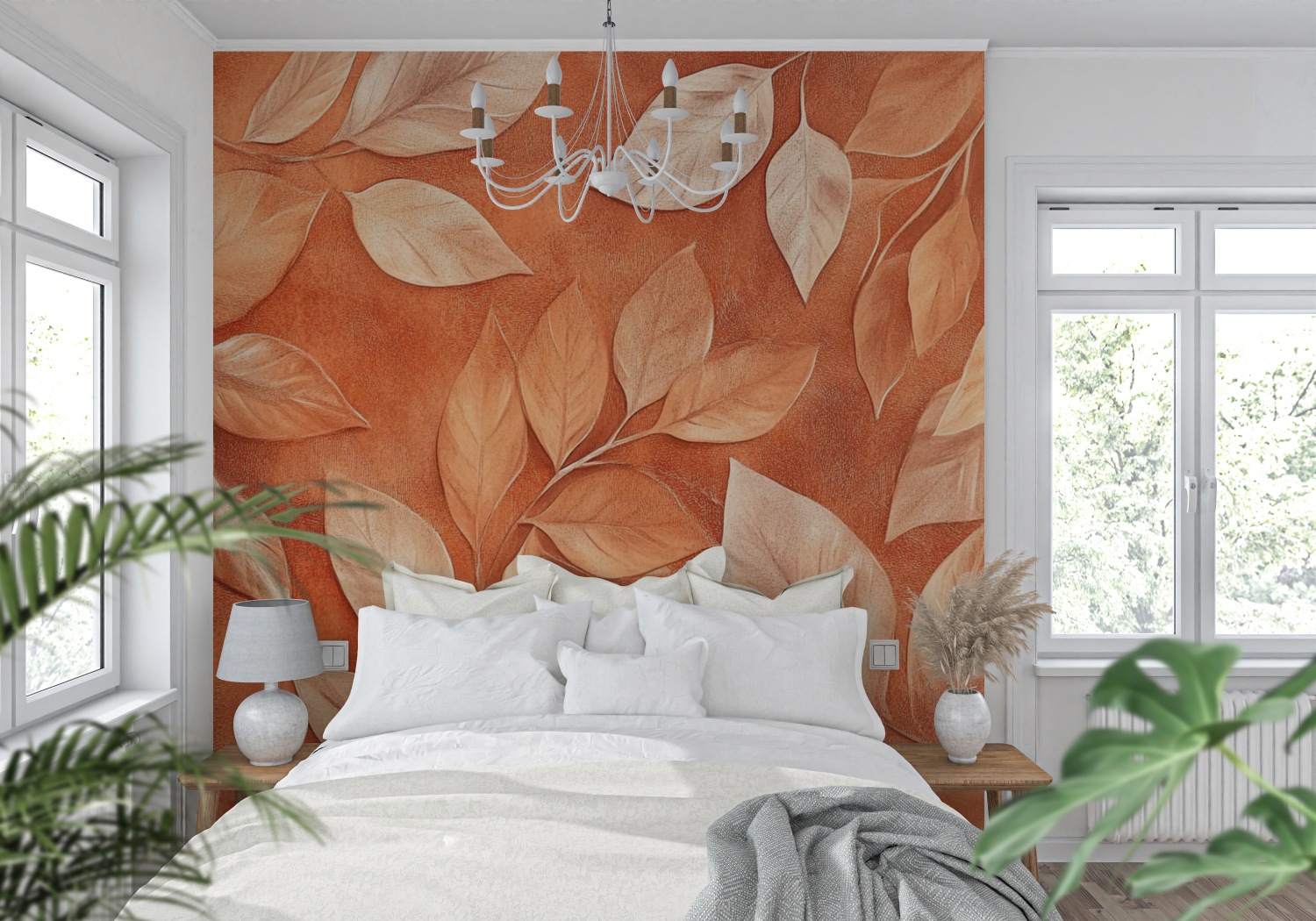 Papier peint terracotta et feuilles dorees tendance mur