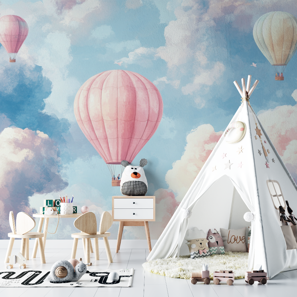 Papier peint montgolfiere et nuages pastel chambre bebe