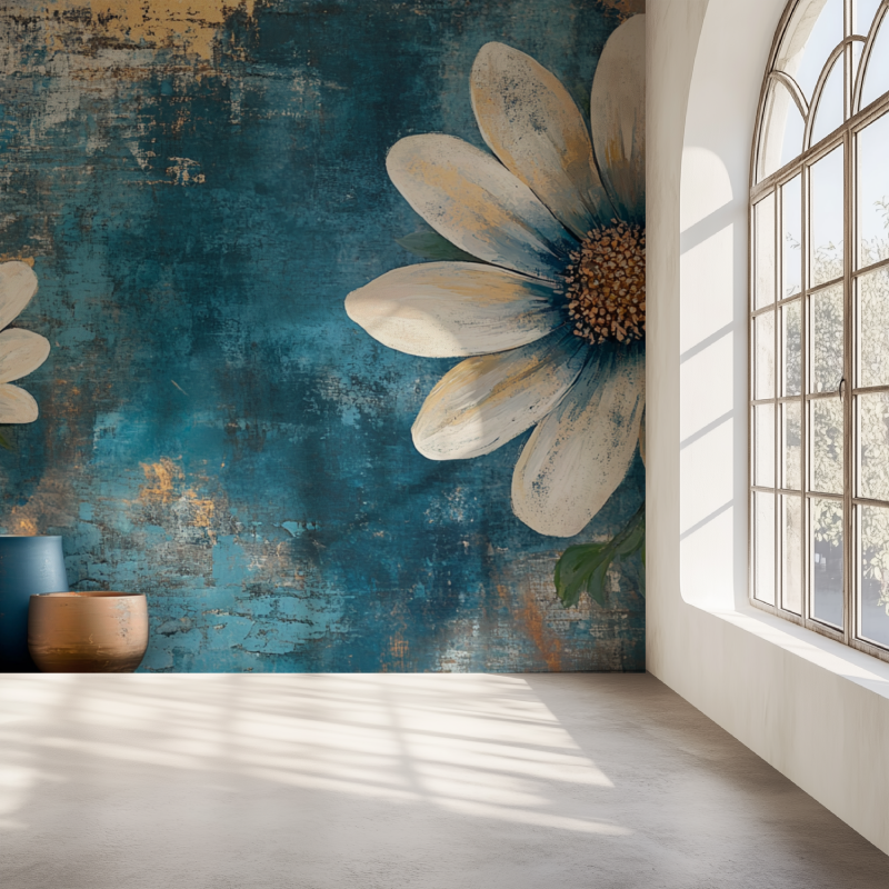 Papier peint fleur vintage bleu hippy mur simple
